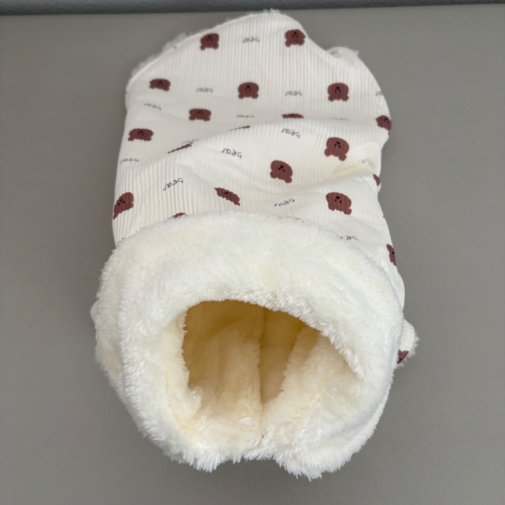 Cream Corduroy Bear Print Dog Coat Fleece‎ Lined Snap Jacket Size 12